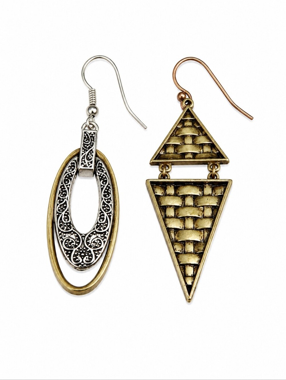 VTG Mismatched Two Tone Basket Weave Spike Castlecore Dangle Earrings